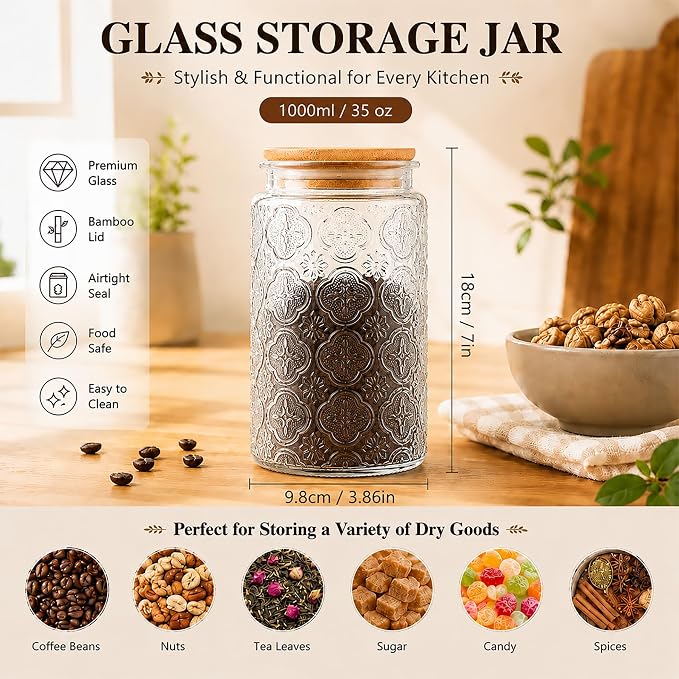 Glass Storage Jars With Airtight Lid, 35oz Canister For Kitchen Counter with Bamboo Lid, brown sugar, candy, coffee, cookie, salt, tea,pantry cute Jar (35oz Large Begonia Flowers)