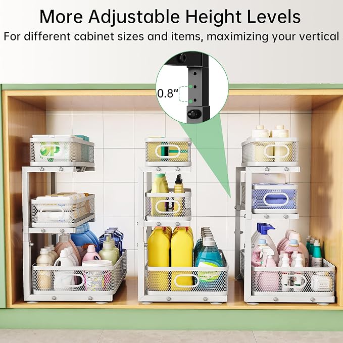 3-Tier Under Sink Organizer, Pull Out Cabinet Organizer for Kitchen & Bath | Height Adjustable, Heavy Duty Carbon Steel Holds 60 lbs, Rust-Proof Fits Kitchen Cabinet, Bathroom, Pantry & Laundry