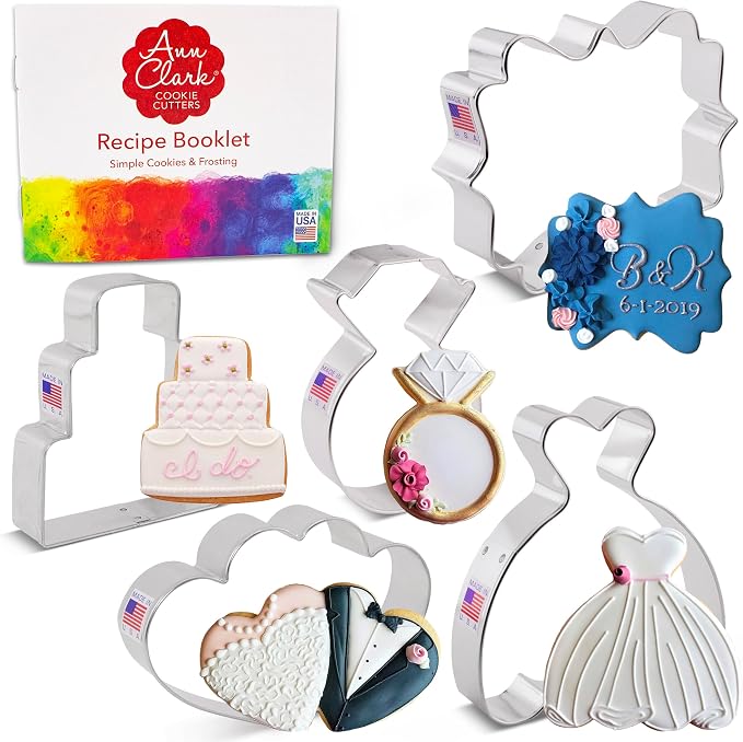 Ann Clark Wedding Cookie Cutters 5-Pc Set (Square Plaque, Wedding Cake, Wedding Dress, Diamond Ring, Double Heart) Made in USA
