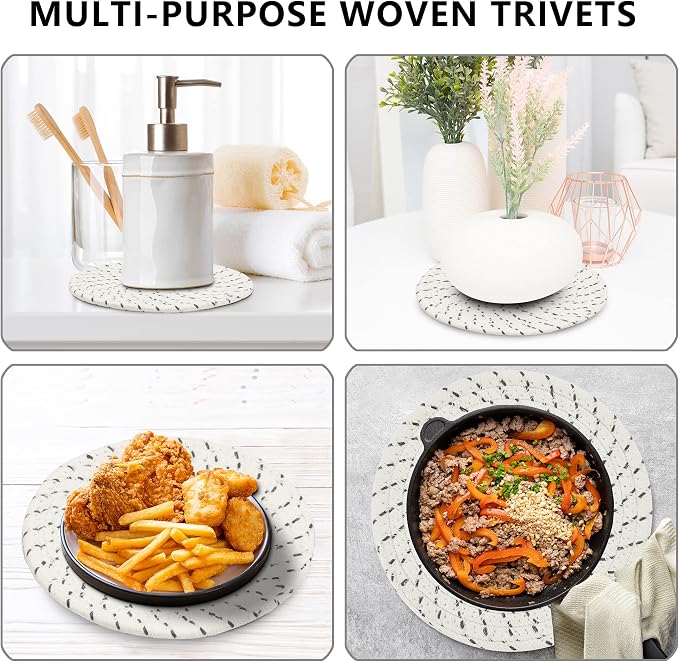 Coga Trivets for Hot Dishes, 5 Pack 7 Inch Cotton Hot Pads for Kitchen with Storage Basket, Round Pot Holders for Kitchen, Heat Resistant Mats for Countertop, Pots and Pans, Farmhouse Decor, Mix Grey