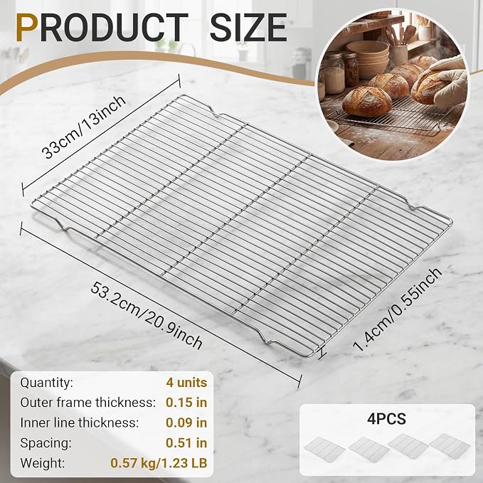 Lounsweer 4 Pcs Cooling Racks, 21L X 13W X 1H Stainless Steel Wire Rack for Baking Sheet, Large Cookie Cooling Rack, Oven Safe Cooking Racks for Sheet Pan, Dishwasher Safe, 2/3 Size