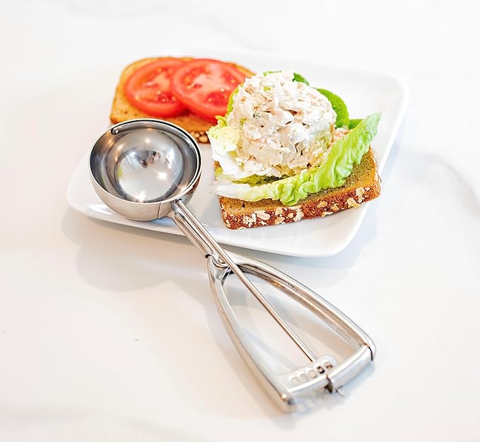 Jenaluca Jumbo Ice Cream Scoop, 18/8 Stainless Steel, 1/2 Cup Size #8 | Commercial-grade disher for ice cream, cupcakes, muffins, cookies & batter. Squeeze handle. Dishwasher safe.