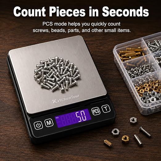 KitchenTour Digital Kitchen Gram Scale - 3000g/0.1g - High Accuracy Precision Food Scale with 9 Units(g/oz/ml/lb/lb:oz/gn/ozt/DWT/ct) - Meat Scale with Back-Lit LCD Display(Batteries Included)