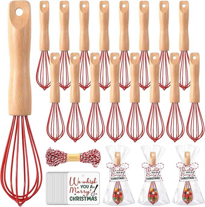Baderke 20 Sets Baking Gifts Set Includes 8 Inch Silicone Whisk with Wood Handle Wired Stainless Steel Whisk Set Greeting Cards Plastic Bags for Party Birthday Christmas Stuffers Gift(Red)