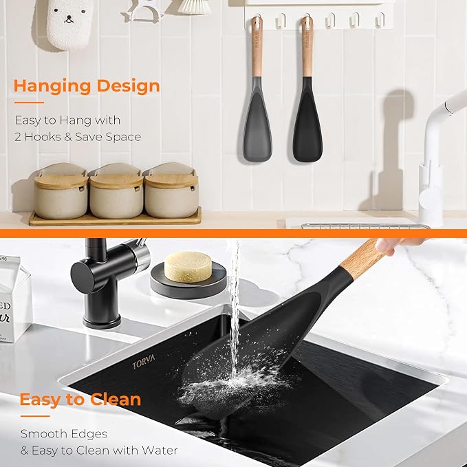 2-Pack Silicone Cooking Spoons with Wood Handle & S-Hooks - Heat Resistant 446°F Spoonula for Nonstick Cookware - BPA Free Multifunction Spatula Spoon for Mixing, Scooping&Serving (Black&Gray)