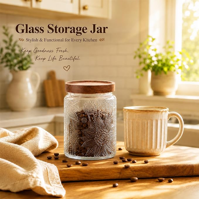 23.7 fl oz Vintage Glass Jar with Wooden Lid, Airtight Decorative Food Storage Canisters for Kitchen Counter & Pantry, Ideal for Candy, Sugar, Coffee,salt, Tea, Cereal, Flour, Oats