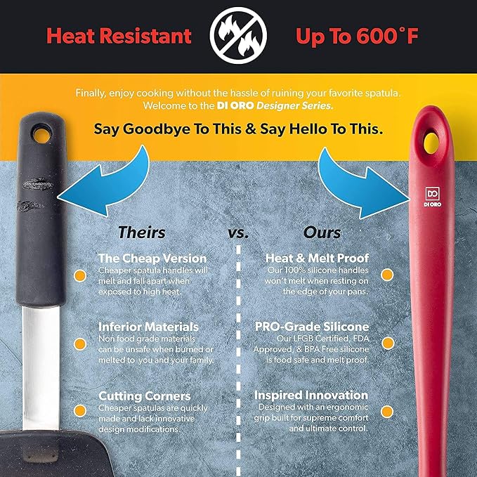 DI ORO Jar Spatula Silicone - Jar Scraper Long Handle for Cooking & Baking - Heat-Resistant Silicone Kitchen Spatula for Cake & Blenders - Nonstick Cookware Safe Utensil - Dishwasher Safe (Red)