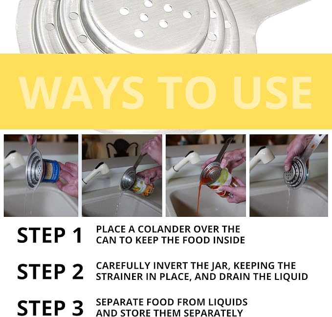 Universal Can Colander Stainless Steel – Small Multipurpose Food Grade for Large and Small Cans Vegetable Fruit Tuna Stainless Steel Strainer with Handle