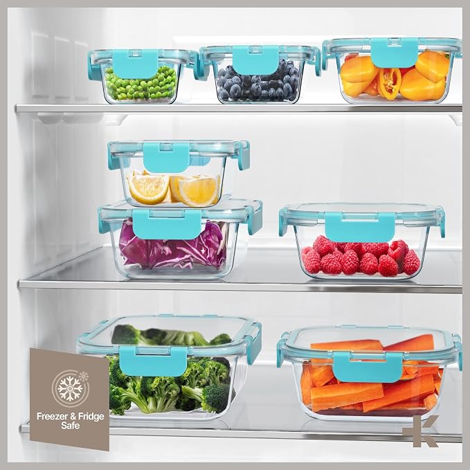 Bakken Borosilicate Glass Food Storage Containers with Lids 24 Pieces, BPA-Free Stackable Lunch & Leftover Containers, Microwave, Freezer & Dishwasher Safe, 100% Airtight Leak-Proof, Aqua