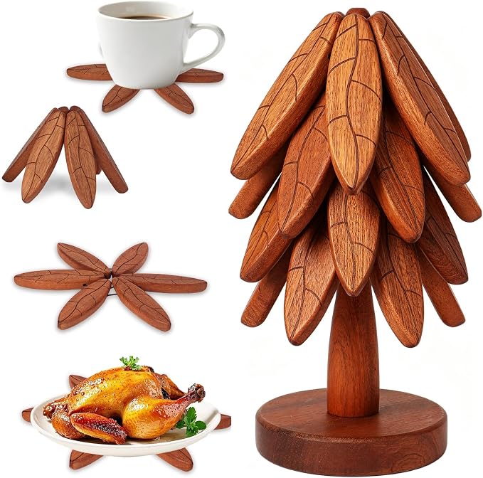 4-Piece Sapele Wood Tree Coaster Set with Stand | Leaf Pattern Trivets for Hot Dishes Pots Teapots | Heat Resistant Kitchen Trivet Set | Natural Wood Home Decor (Texture- 4 Pcs)