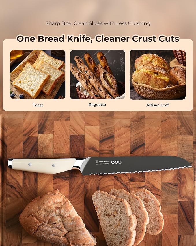 OOU 8 Inch Bread Knife, German 1.4116 Stainless Steel Kitchen Knife, Gunmetal Blade with AgShield & TinSharp Finish, Balanced ABS Handle, Serrated Bread Knife for Clean, Controlled Slicing