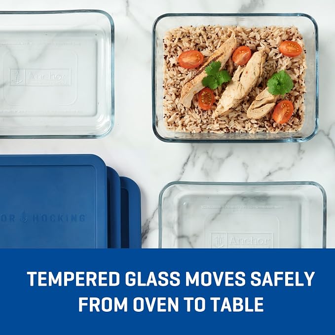 Anchor Hocking SnugFitTM Rectangular Food Storage Containers with Lids (4-Piece, 6-cup, Navy Blue, oven-safe)