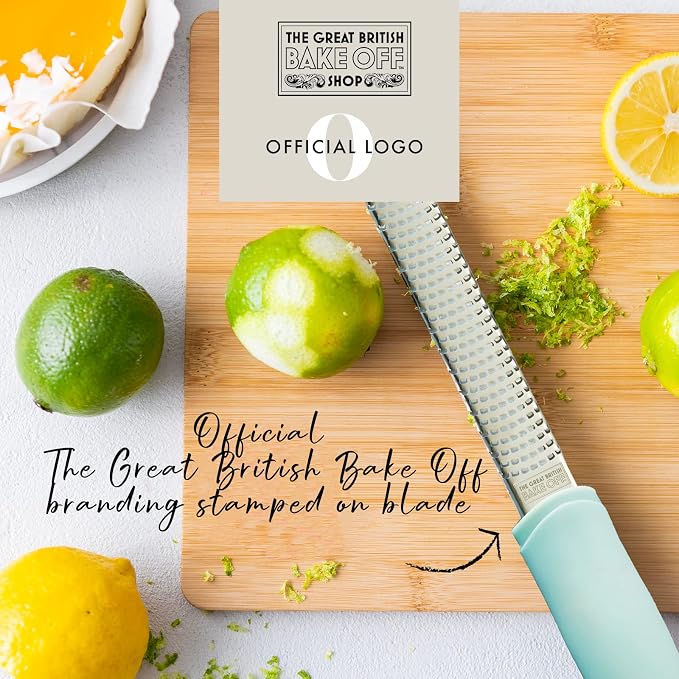 The Great British Bake Off Zester Grater Tool for Zesting Lemon & More Micro Planer for Finely Grating Garlic, Ginger, Nutmeg, Parmesan, Chocolate etc, Stainless Steel, Blue, Large