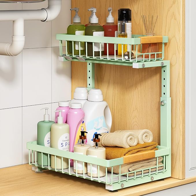 PXRACK Under Sink Organizer, Adjustable Height, 2 Tier Pull Out Under Cabinet Organizer, Slide Out Thickened Metal Under Sink Storage for Kitchen Bathroom Laundry Pantry Cabinet, Green, Large-1-Pack