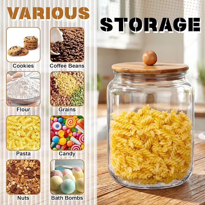 2 Pack 68 oz Glass Storage Jars with Airtight Knob Bamboo Lid Thick Food Canister with Seal Clear Food Storage Container for Kitchen Flour Sugar Cookies Coffee Bean Pantry Organization