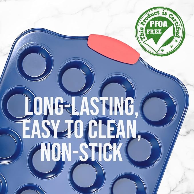NutriChef 17” Nonstick Mini Muffin Pan - Premium Carbon Steel 24 Cup Baking Tray w/ Red Silicone Handles, Easy to Clean Mini Cupcake Bakewear - Dishwasher Safe, Blue