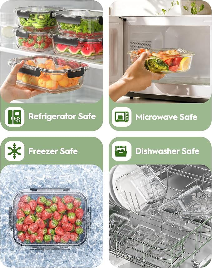 Canfanni 40 Piece Glass Food Storage Containers with Airtight Lids | Borosilicate, BPA-Free, Stackable, Leak-Proof, Meal Prep, Microwave, Dishwasher, Freezer Safe (20 lids & 20 Containers)