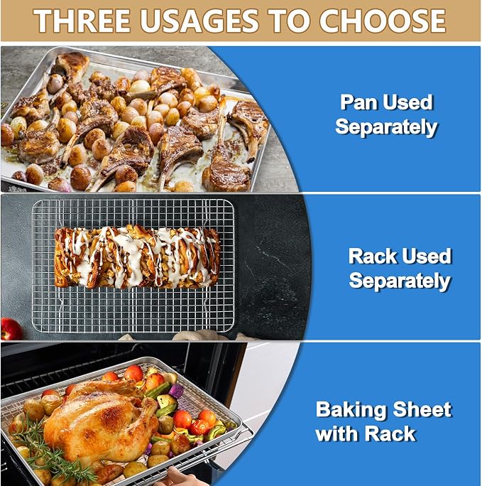 P&P CHEF 17.5 + 16 + 10.4 Inch Baking Sheet Pan and Cooking Rack - 6 Pieces | 3x Cookie Sheet + 3x Grid Rack, Stainless Steel Oven Tray with Wire Rack for Oven Baking, Healthy & Sturdy & Easy to Clean