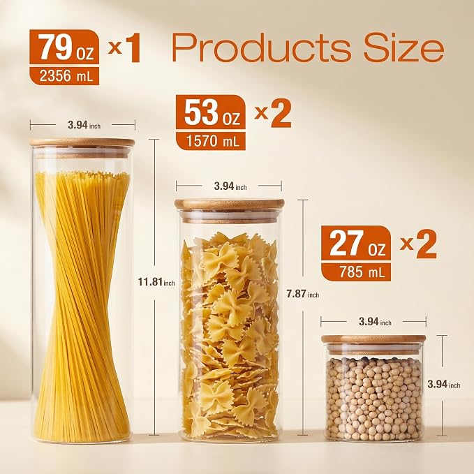 HomArtist Glass Jars with Bamboo Lids [Muti Size Set of 5], Glass Canisters with Airtight Lids, Glass Food Storage Containers for Pasta, Oats, Coffee, Flour, Sugar, Rice, Best for Kitchen & Pantry | 79oz/53oz/27oz Airtight Jars for Pantry & Kitchen, Du...