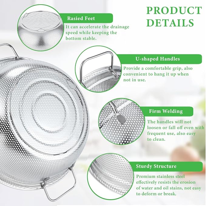 Stainless Steel Colander Set of 3 - Micro-Perforated Metal Strainer for Draining Pasta, Washing Rice & Rinsing Vegetables - Heavy Duty & Dishwasher Safe Kitchen Colanders - 2, 3, 5 Quart