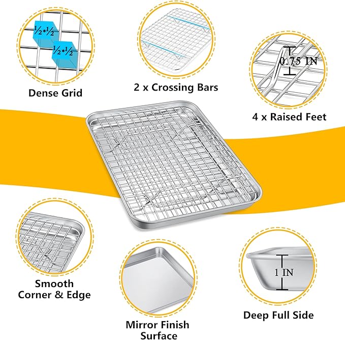 P&P CHEF 10.4 Inch Toaster Oven Pan Tray with Wire Rack, 2 PCS | Baking Sheet Pan + Cooling Rack for Cooking/Roasting, Dishwasher Safe & Rust Free, Non-toxic & Sturdy