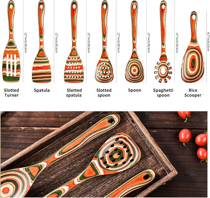 Gudamaye Pakkawood 7-Piece Red Wooden Cooking Utensils, Wooden Spoons for Cooking,Wooden Spoon Set, Wooden Kitchen Utensil set, Pakkawood kitchen Utensils for Serving, Bridal Shower Gifts