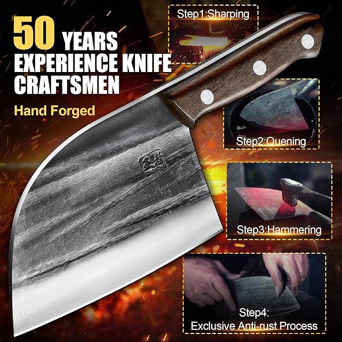 ENOKING 6.7" Serbian Chef Knife, Full Tang Vegetable Meat Cleaver for Kitchen, High-Carbon Stainless Steel Blade with Wooden Handle, Multipurpose Chopper Knife with Sheath & Gift Box