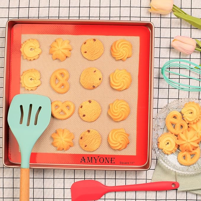 AMYONE 11x11 Silicone Baking Mat, Square Air Fryer Liner, Platinum, 2 Pack | For 11x11 Square Cake Pan/Cheesecake Pan/Toaster Oven/XL Air Fryer, Food Grade Silicone Baking Sheet Liner for Cake/Cookie