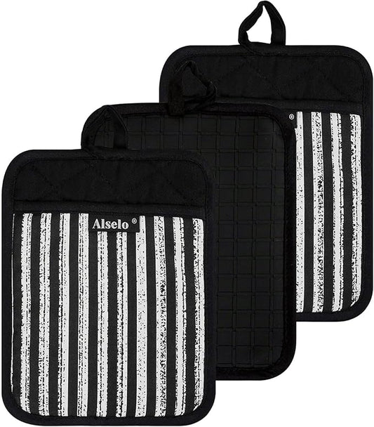 Alselo Silicone Pot Holders Set of 3 Heat Resistant & Non Slip Potholders, Professional Oven Hot Pads with Pockets Mitts for Kitchen Cooking Baking Barbecue (3, Black)
