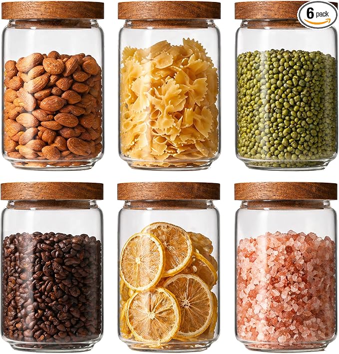 Anwoi 6-Pack Glass Pantry Storage Jars with Airtight Acacia Wood Lids – 23 oz Lead-Free Thick Glass Canisters with Silicone Seal, Labels & Marker Included