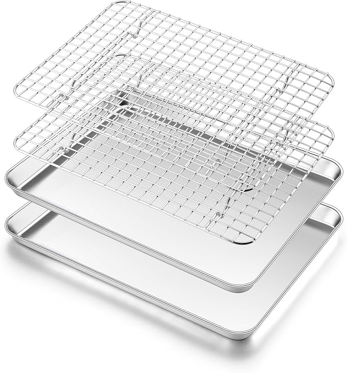Homikit Cookie Sheet with Rack (2 Small Baking Sheets+2 Racks), 10 x 8 Inch | Stainless Steel Baking Sheet with Wire Rack Set for Baking Roasting Cooling, Toaster Oven Pan Bacon Tray with Cooling Rack