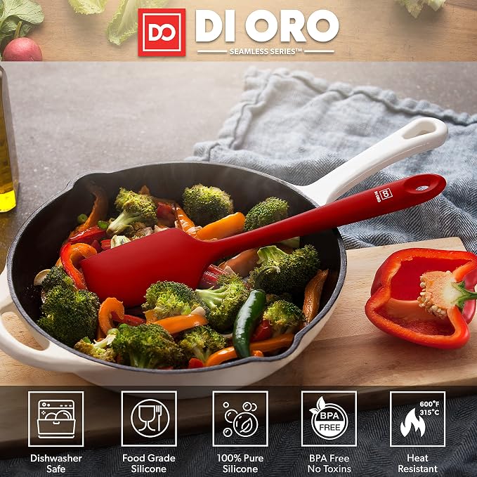 di Oro Living Large Silicone Spatula - 600F Heat-Resistant Spatula - Ergonomic Easy-to-Clean Seamless One-Piece Design - Pro-Grade Non-Stick Silicone Rubber with Stainless Steel S-Core Technology! (Red)