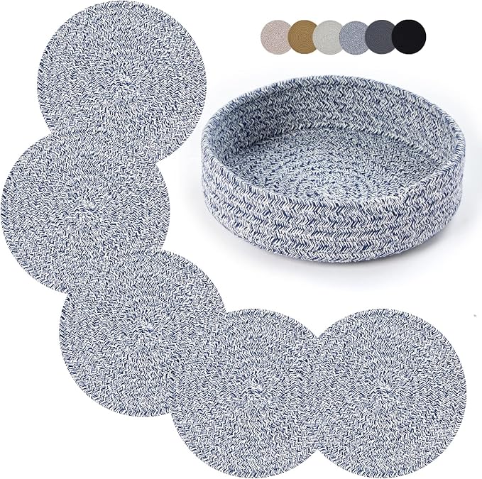 Coga Trivets for Hot Dishes, 5 Pack 7 Inch Cotton Hot Pads for Kitchen with Storage Basket, Round Pot Holders for Kitchen, Heat Resistant Mats for Countertop, Pots and Pans, Farmhouse Decor, Blue