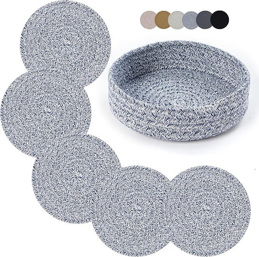 Coga Trivets for Hot Dishes, 5 Pack 7 Inch Cotton Hot Pads for Kitchen with Storage Basket, Round Pot Holders for Kitchen, Heat Resistant Mats for Countertop, Pots and Pans, Farmhouse Decor, Blue
