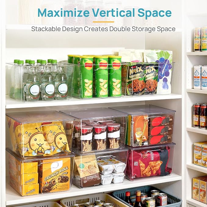 Vtopmart 8 Pack Extra Large Clear Stackable Storage Bins with Lids for Cube | 11in Cube Storage Bins with Handle for Onions and Potatoes, Plastic Containers for Pantry, Freezer, Kitchen, Closet, Bathroom