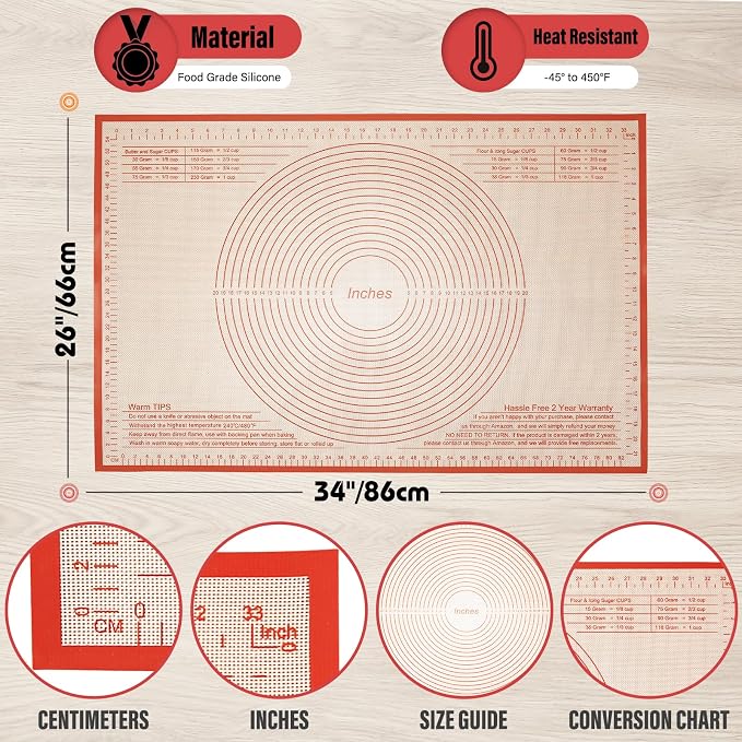Silicone Pastry Mat 34x26 Inch Nonstick Baking Mat -Perfect for Dough, Pastry, Dough Rolling, Kneading Board, Pie Crust, Fondant, Pasta/Pizza, Kitchen Counter Mat