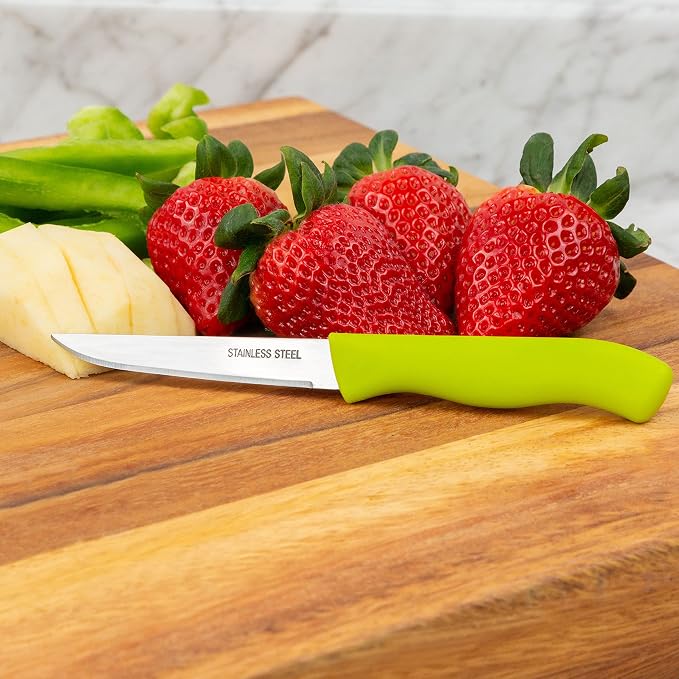 Paring and Garnishing Knife, 12-Piece Set, Knives with Straight Edge 3 Inch Blade, Stainless Steel, Spear Point, Fruit and Vegetable Cutting and Peeling, Green
