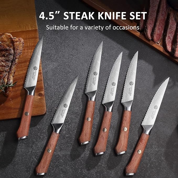 YOTSUBA Steak Knives Set of 6, Razor-Sharp 4.5 Inch Japanese Serrated Steak Knife Set, Full Tang Forged High Carbon Steel Dinner Knives with Ergonomic Handle and Gift Box