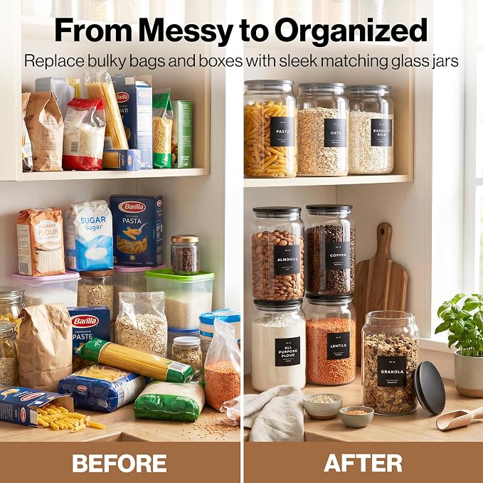 Glass Pantry Storage Jars Containers with Black Lids and Labels - Set of 2 | Extra Thick Round Glass Canisters with Black Lids and 63 Pre-printed Pantry Labels keeps dry Goods Fresh and Organized