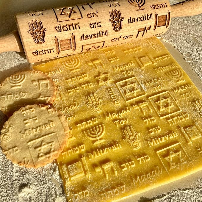 HANUKKAH Rolling pin Jewish holiday symbols laser engraved embossing dough roller for homemade cookies