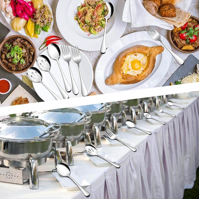 Homikit Large Serving Utensils Set, 6-Piece Stainless Steel Serving Spoons Slotted Spoons Forks, 9.8 Inch Big Metal Hostess Set for Catering Buffet Banquet Party Kitchen Restaurant, Dishwasher Safe