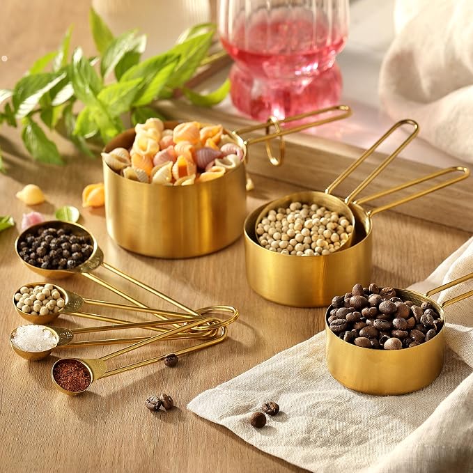 Measuring Cups and Spoons Set, Kaloo 8PCS Stainless Steel Metal Measuring Cups, Gold Finish, Ideal for Cooking and Baking