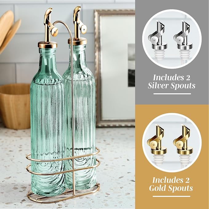 COOK WITH COLOR Glass Olive Oil Bottle Dispenser - 2 Pack- 17oz Oil and Vinegar Cruet - Olive Oil Carafe Decanter for Kitchen, Elegant Fluted, Green