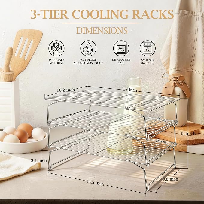 LIANYU Cooling Rack 15"x10", 3-Tier Stackable & Collapsible Stainless Steel Baking Wire Racks for Cooking, Baking, Roasting, Drying, Oven & Dishwasher Safe, Silver