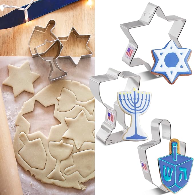 Ann Clark Hanukkah Cookie Cutters 3-Pc. Set, Made in USA, Star of David, Dreidel, and Menorah