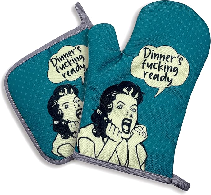 zcyhtqp, Dinner's Fxxking Ready, Funny Silicone Non-Slip Oven Mitts and Pot Holders Sets of 2, Baking Cooking Gifts for Mom Wife, Fun Kitchen Decor for Baking Cooking Grilling