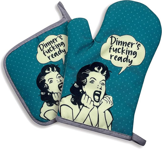 zcyhtqp, Dinner's Fxxking Ready, Funny Silicone Non-Slip Oven Mitts and Pot Holders Sets of 2, Baking Cooking Gifts for Mom Wife, Fun Kitchen Decor for Baking Cooking Grilling