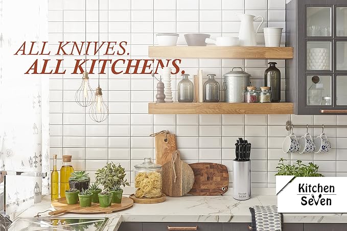 Universal Knife Block - Stainless Steel Kitchen Knife Holder Without Knives - Round Space -Saver Knife Storage Stand safely stores knives while keeping blades clean and sharp