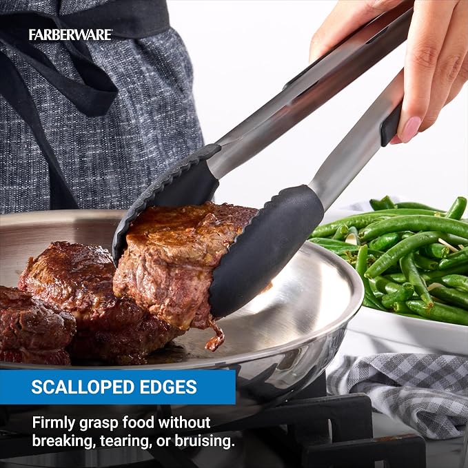 Farberware Pro Silicone Head Locking Kitchen Tongs 12 Inch - Cooking Tongs with Scalloped Tips, Ergonomic Grip, Heat Safe to 450F - Dishwasher Safe Tongs for Cooking, Grilling, Serving