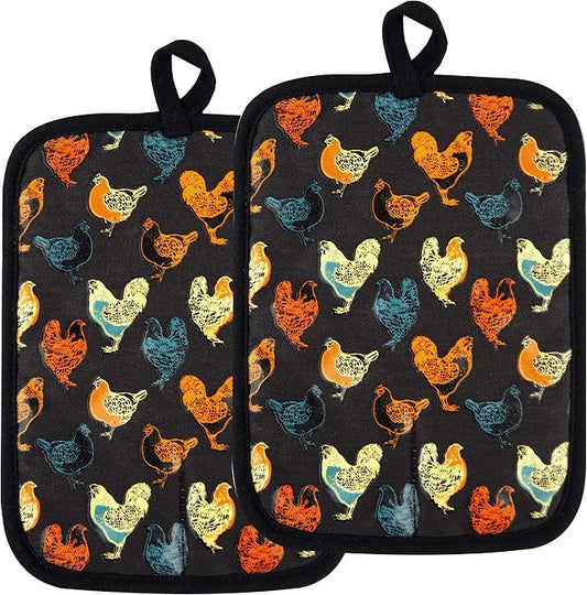 Pot Holders Set of 2 Heat Resistant 480 ℉Non Slip Clear Silicone Printed Comfortable Cotton Lining Kitchen Women Men Cooking Baking Microwave Machine Washable (Rooster, Black Potholders)